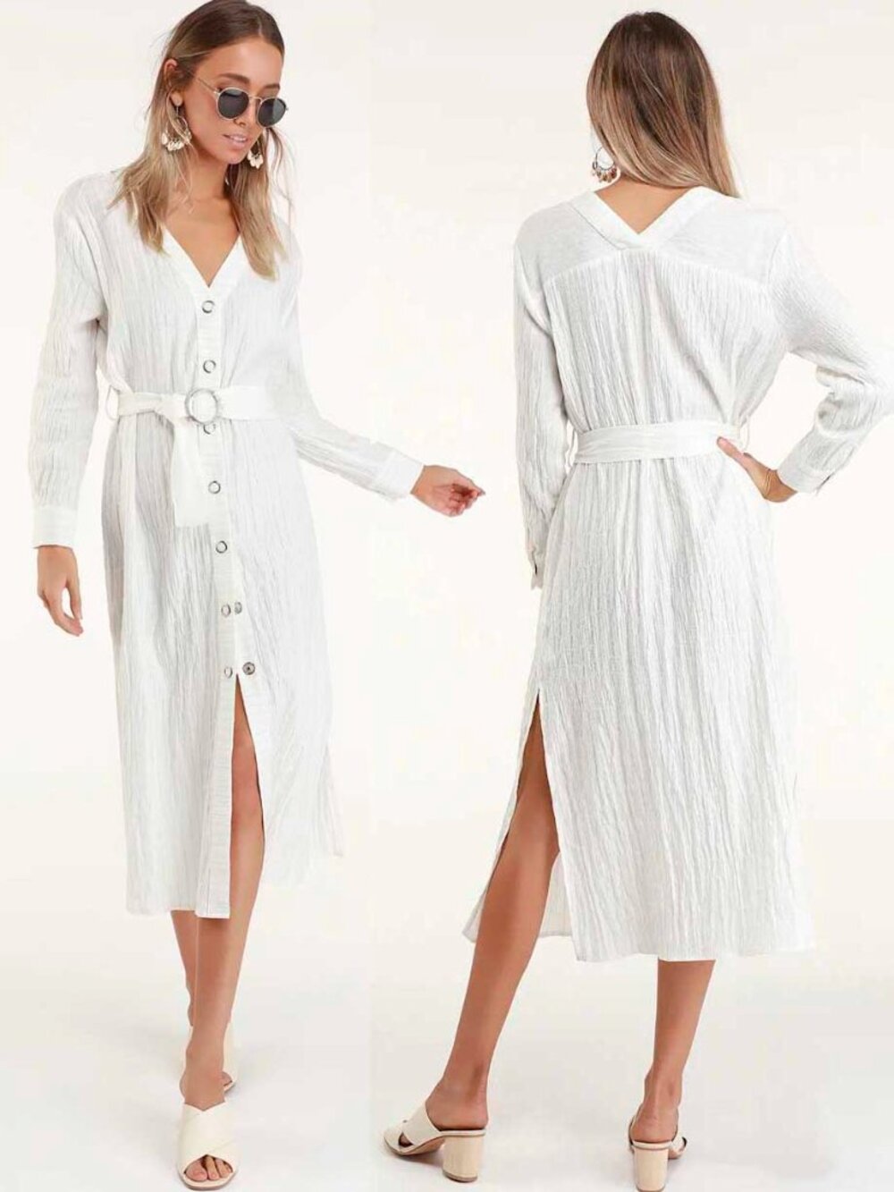 MOON RIVER Womens Leila White Striped Cotton Snap Front Belted Midi Dress L NWT